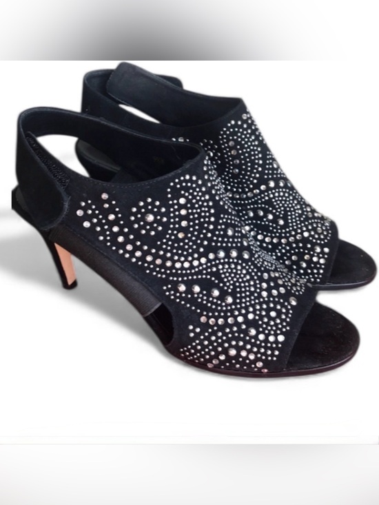 VANELI Beaded Bling Velvet Open Toe Black High Heels Velcro Strap Size 8 Narrow main image 0